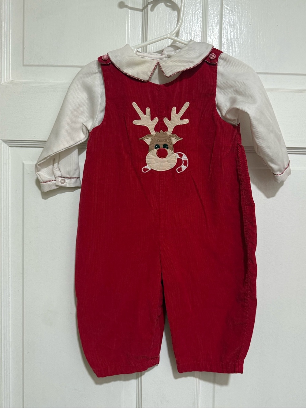 9 Month Boys Christmas Reindeer Longalls One Piece Collar Overalls Appliqué Red